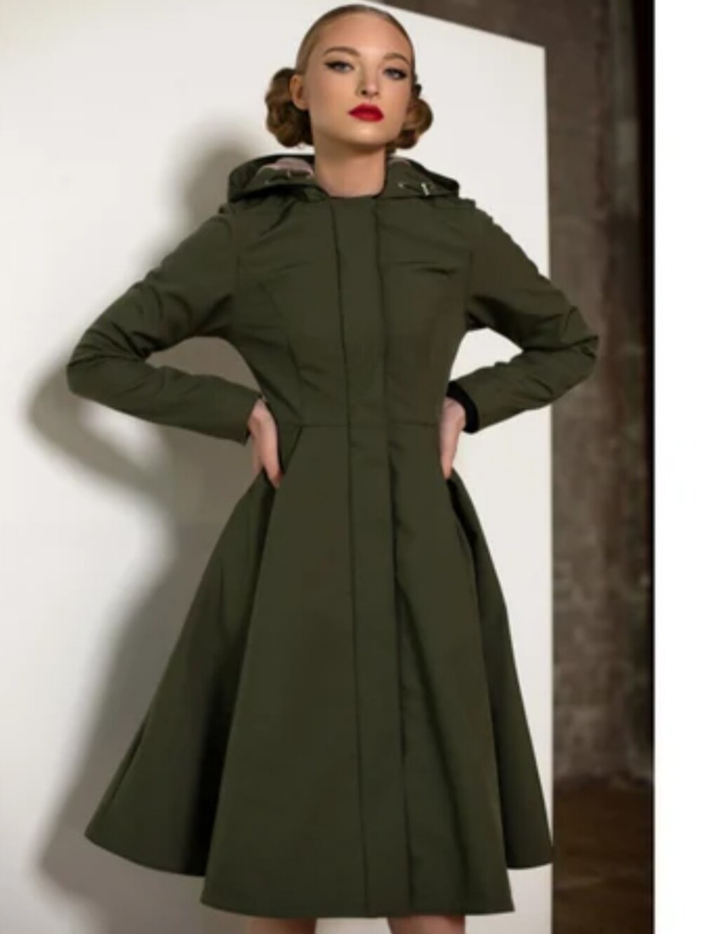 Rain Sisters Fit And Flare Pleated Skirt Coat In Moss Green 50's Style Swing